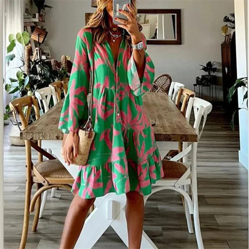 Oocharger Autumn Boho Vacation Shirt Dresses For Women Sexy V-neck Flare Sleeve Elegant Ruffles Print Dress Spring Casual Loose Dress