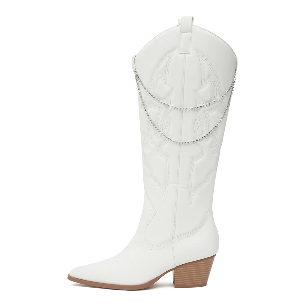 White Rhinestone Closed Toe Chunky Heel Knee High Winter Boots Nicepairs