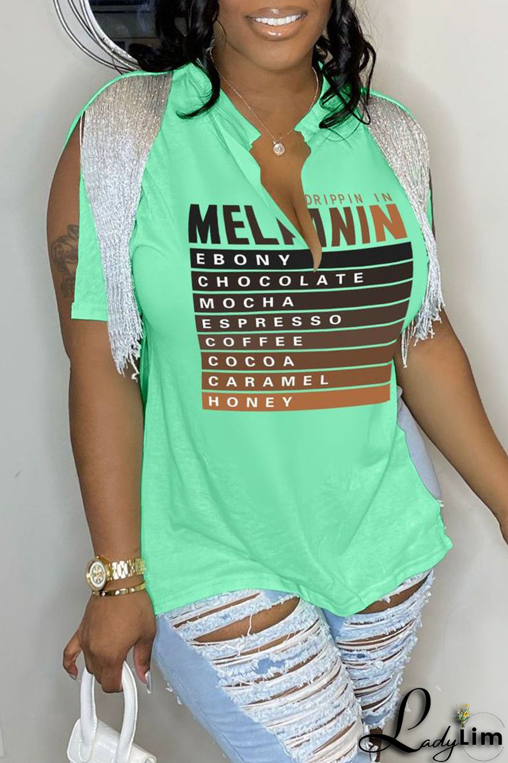 Rose Red Casual Letter Print Tassel Patchwork V Neck T-Shirts