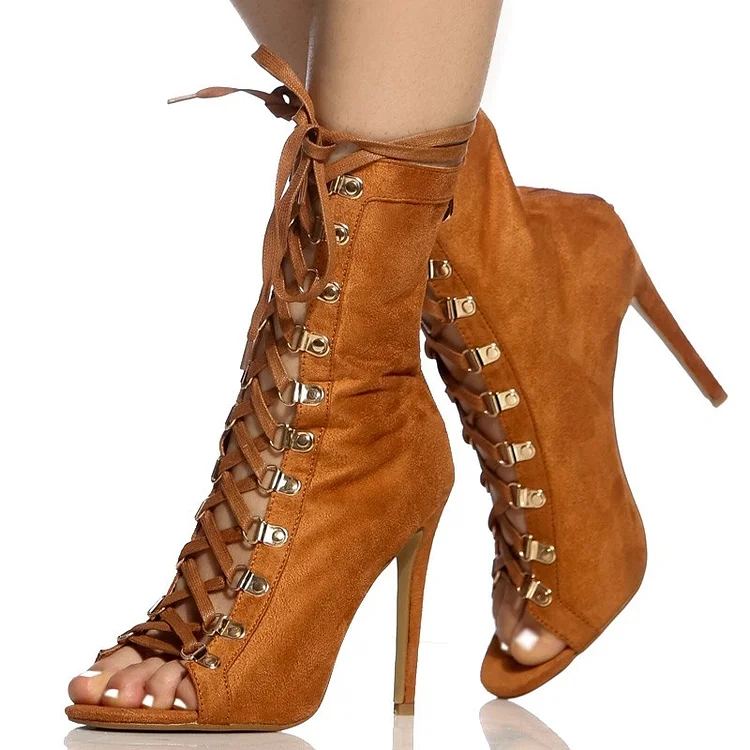 Brown Lace Up Boots Peep Toe Stiletto Heel Vegan Suede Booties |FSJ Shoes