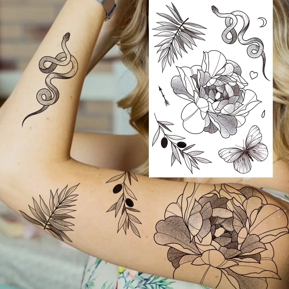 3D Flower Triangle Temporary Tattoos For Women Girl Fake Wolf Deer Geometry Tattoo Sticker Peony Dahlia Body Art Adults Tatoos