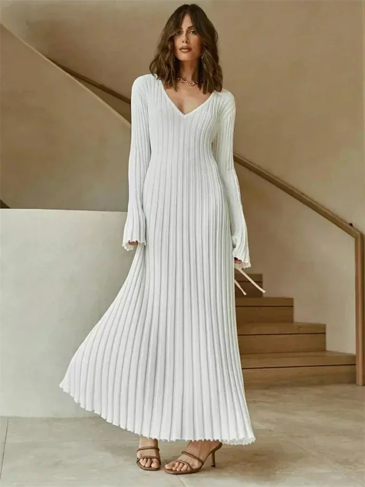 Huiketi Autumn New V-Neck Knit Maxi Dress Women Ribbed Elegant Long Sleeve Streetwear High Waist Pleated Dresses Ladies Knitwear