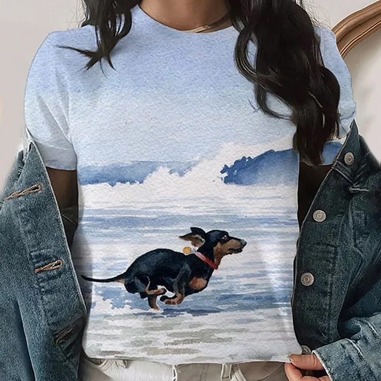 Wearshes Dachshund Dog Running In Seaside Art Print T-Shirt