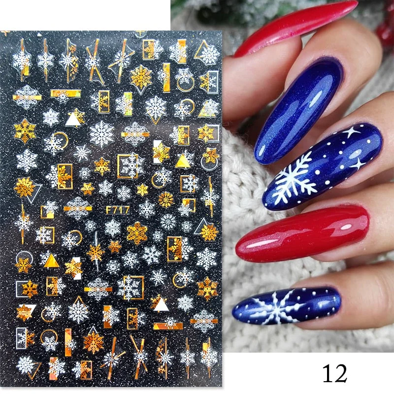 Gold White Bronzing Christmas Nail Sticker 3D Snowflakes Leaf Geometry Lines Letter For Manicure Sliders Decoration Accessories