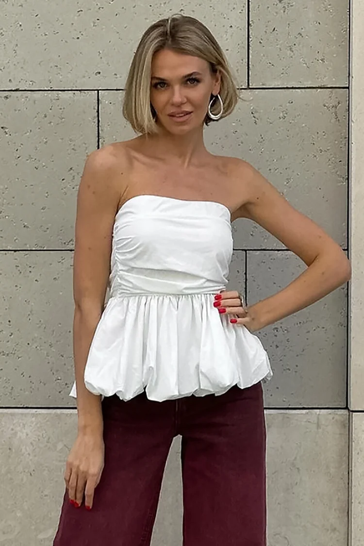 Boat Neckline Strapless Cinch Waist Bubbled Hem Plain Top-White