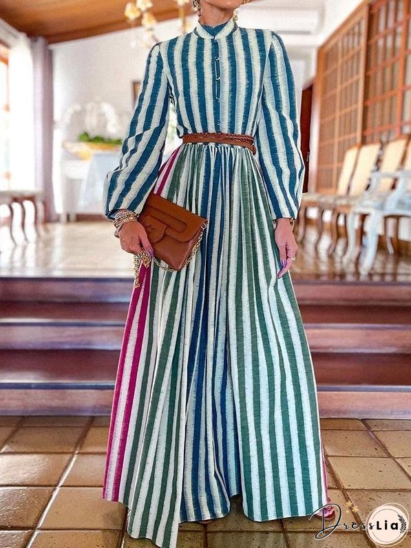 Elegant Stand-up Collar Striped Long Dress for Women