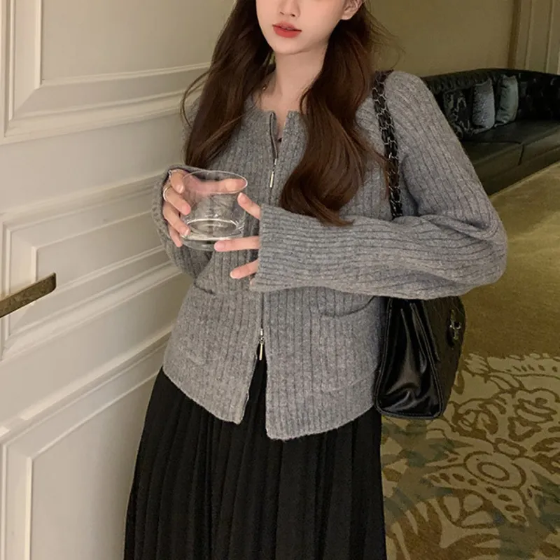 Churchf Churchf Temperament Double Zipper Pit Short New Sweater Female Spring Pocket Sweater Loose Inside Jacket Female