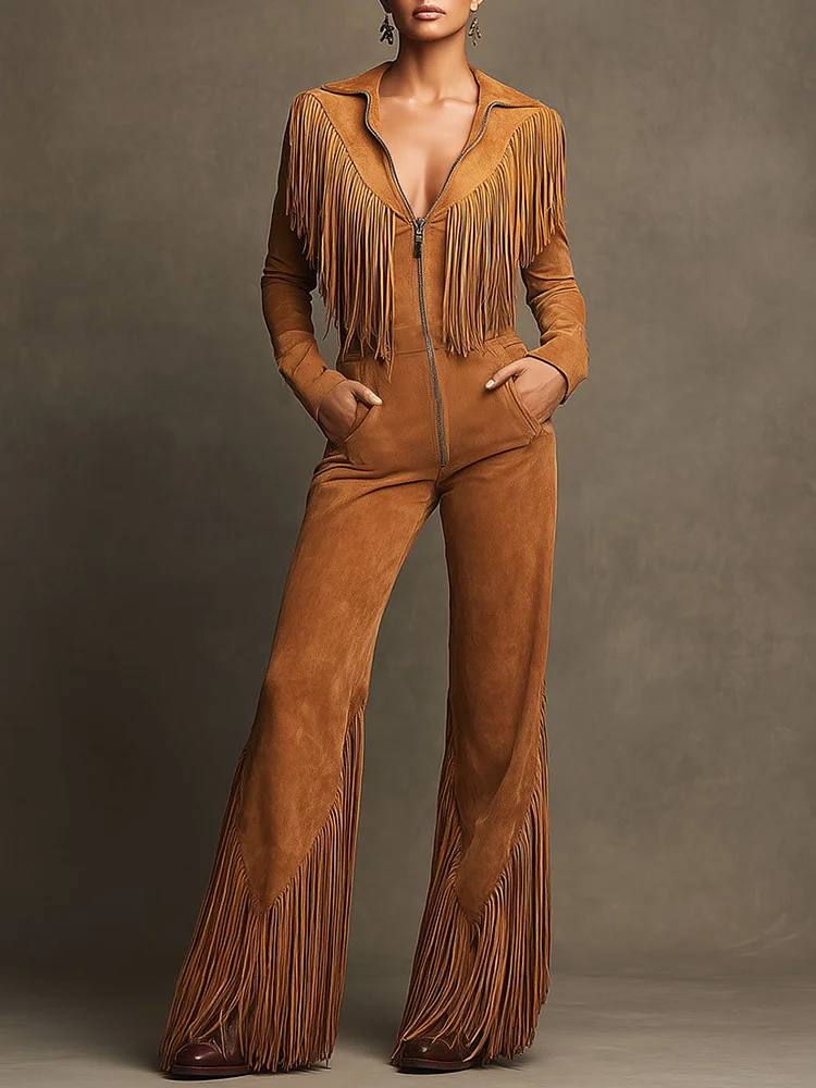 【24-hour shipping out】Western Retro Light Brown Faux Suede Zipper Tassel Long-Sleeved Jumpsuit