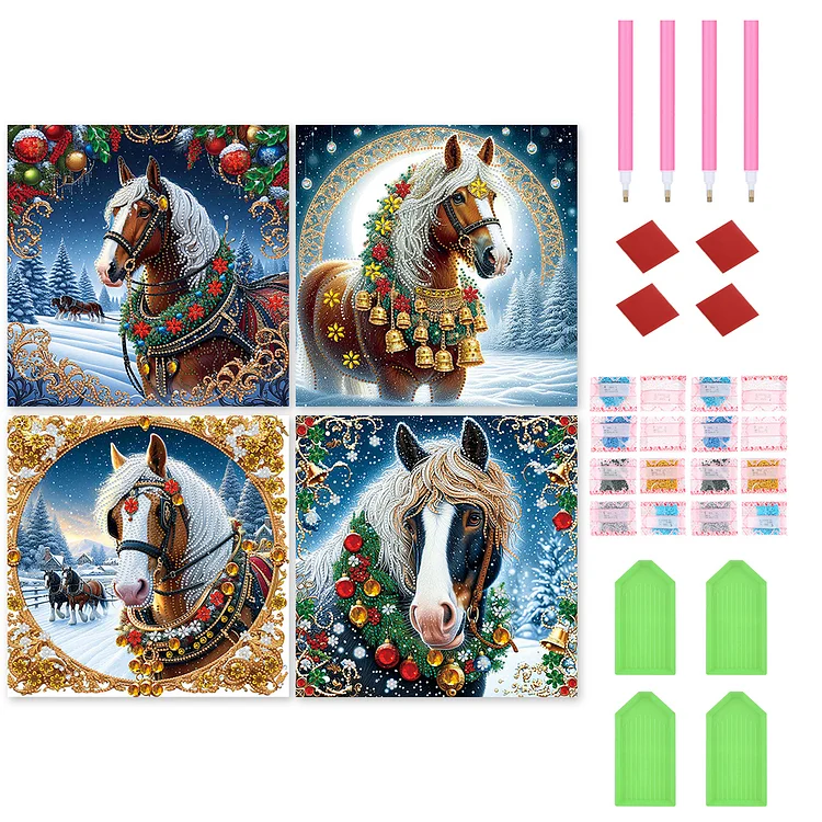 4pcs Christmas Horse - Special Shaped Drill Diamond Painting - 40*40CM(Canvas)