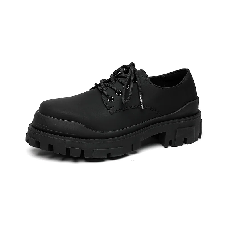 Colourp Colourp Men's Casual Platform Versatile Black Leather Shoes Heighten Derby Shoes Frosted Black 59016-R