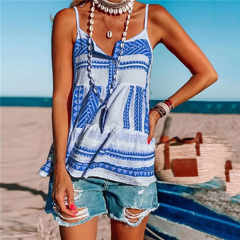 Plus Size Women Summer Casual beach vest Sexy V-neck Spaghetti Strap Backless Top Ladies Chiffon Loose striped Printed Vest Tops