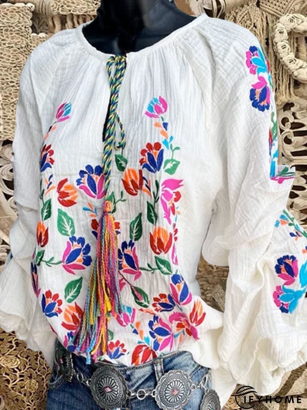 Cotton-Blend Casual Floral Long Sleeve Top | IFYHOME