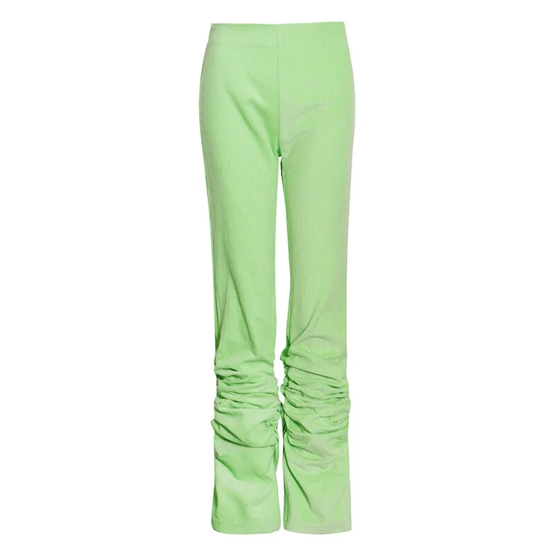 QJONG White Corduroy Flare Pants For Women High Waist Casual Ruched Loose Straight Trouser Female Fashion New Clothing