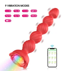 App Remote Control Rose Vibrating Anal Beads With Led Light