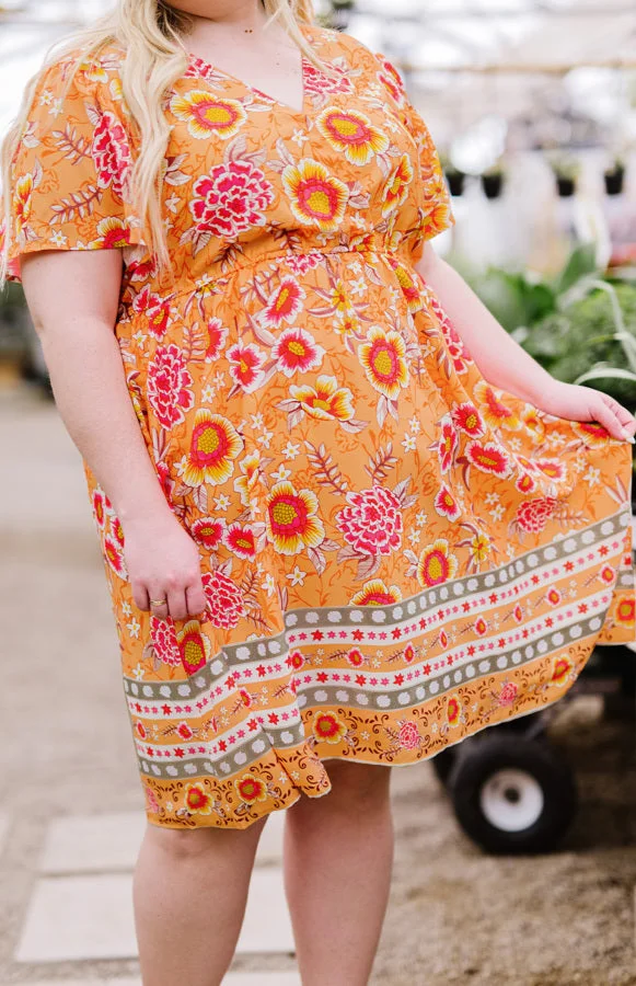 Orange Plus size Floral Deep V Neck Mini Dress