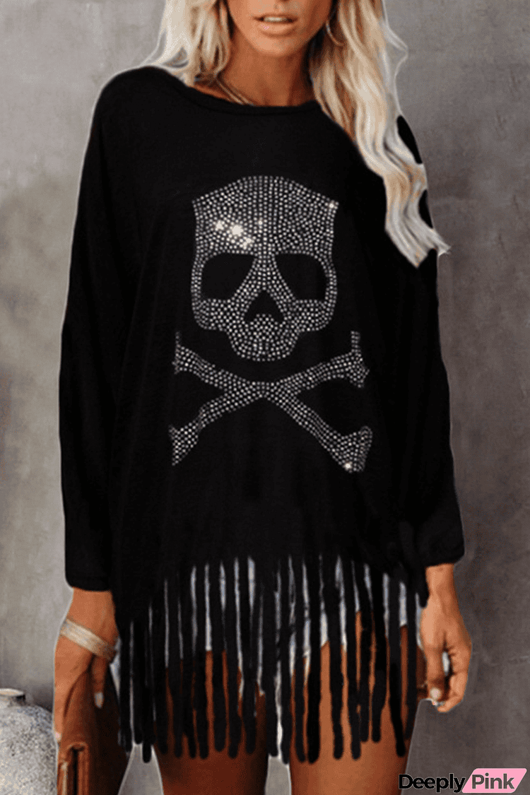 Fashion Patchwork Tassel Hot Drill O Neck Tops