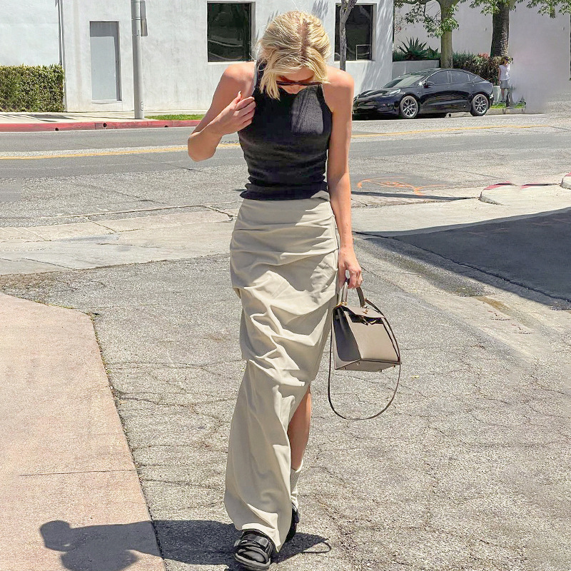Ootddress Summer For Women Split Y2K Pencil Skirts Bodycon High Waist Solid Fashion Ladies Streetwear Pleated Irregular Maxi Skirt