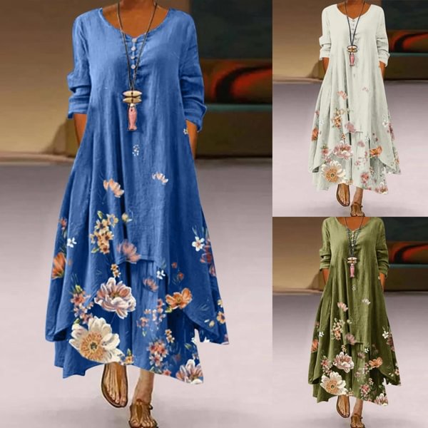 Vintage Women's boho dress long sleeve round neck floral print dress loose cotton linen long Maxi Dresses - Life is Beautiful for You - SheChoic