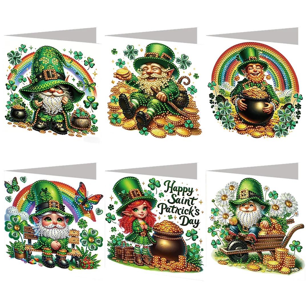 6Pcs St.Patrick Day Elves DIY Diamond Painting Greeting Card Set with Envelopes Diamond Art Handmade Cards for Beginner Adult Holiday Gifts