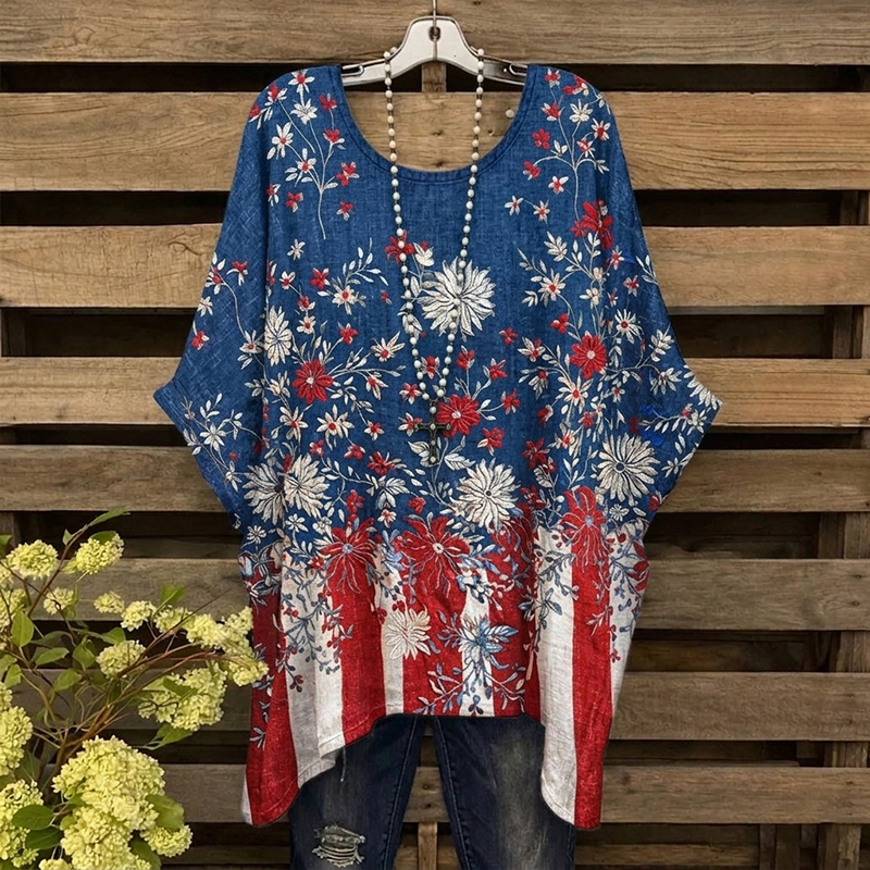 Women's Floral Flag Art Print Casual Linen T-shirt elevenforest
