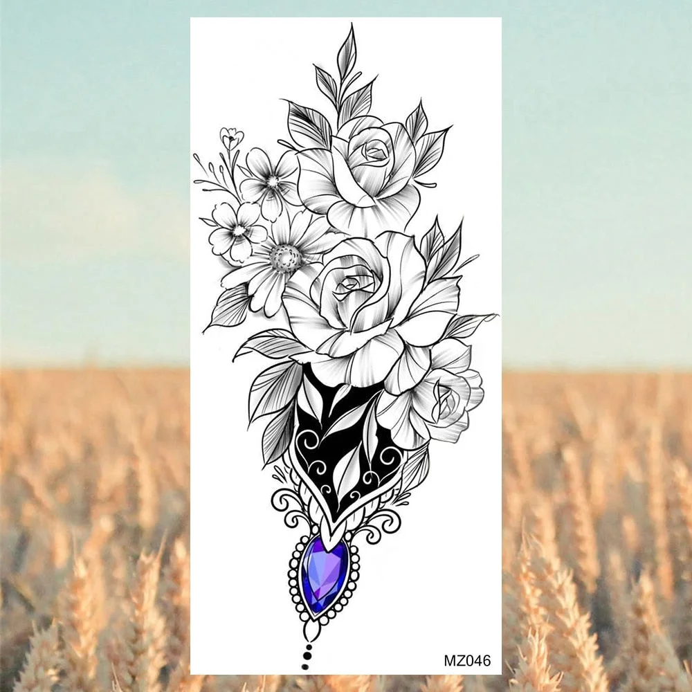 Black Lotus Pendant Temporary Tattoos For Women Adult Rose Flower Jewelry Fake Tattoo Fashion Calf Waterproof Half Sleeve Tatoos