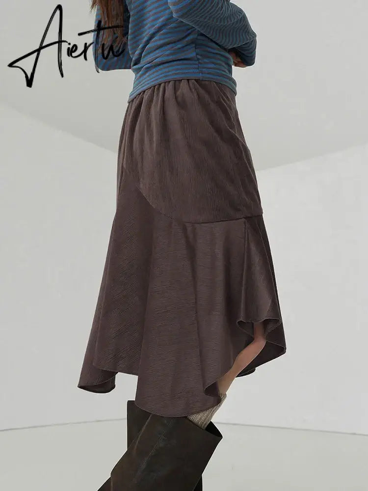 Aiertu  Casual Solid Asymmetrical Skirt Elegant Fashion Basic High Waisted Midi Skirts Women 2024 Autumn Spring Fashion Ladies Aiertu