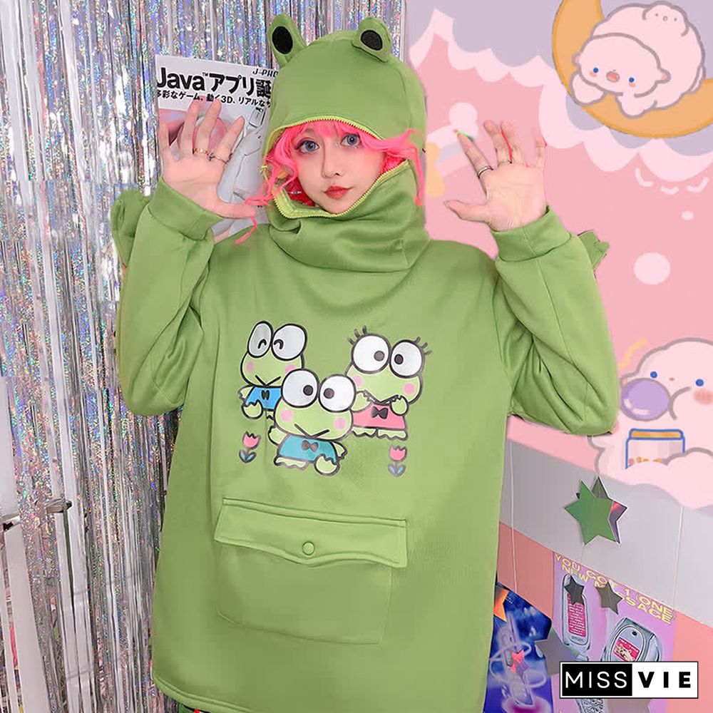 Cartoon Frog Print Pocket Plush Zipper Hoodie