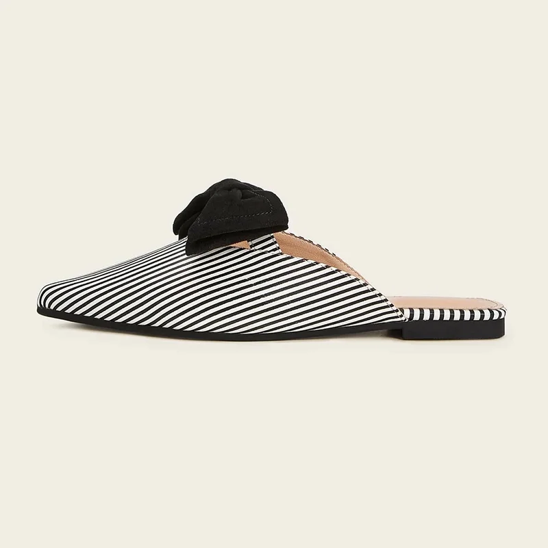Pointed Toe Flats Stripes Mules Women's Flat Bow Shoes Nicepairs