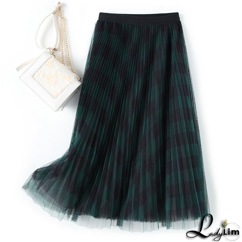 Spring High Waist Mid-length Pleated Skirt Mesh Skirt