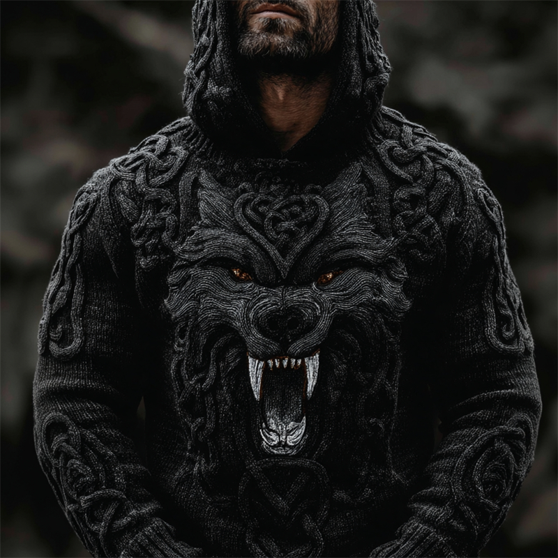 Men's Viking Wolf With Fangs Celtic Knot Chunky Hooded Sweater  artssus