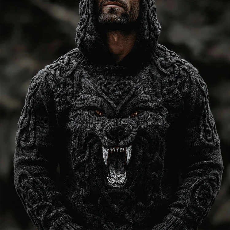 Men's Viking Wolf With Fangs Celtic Knot Chunky Hooded Sweater