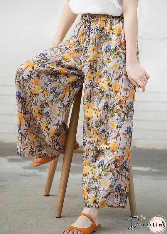 Loose Green Print Pockets Patchwork Cotton Wide Leg Pants Summer
