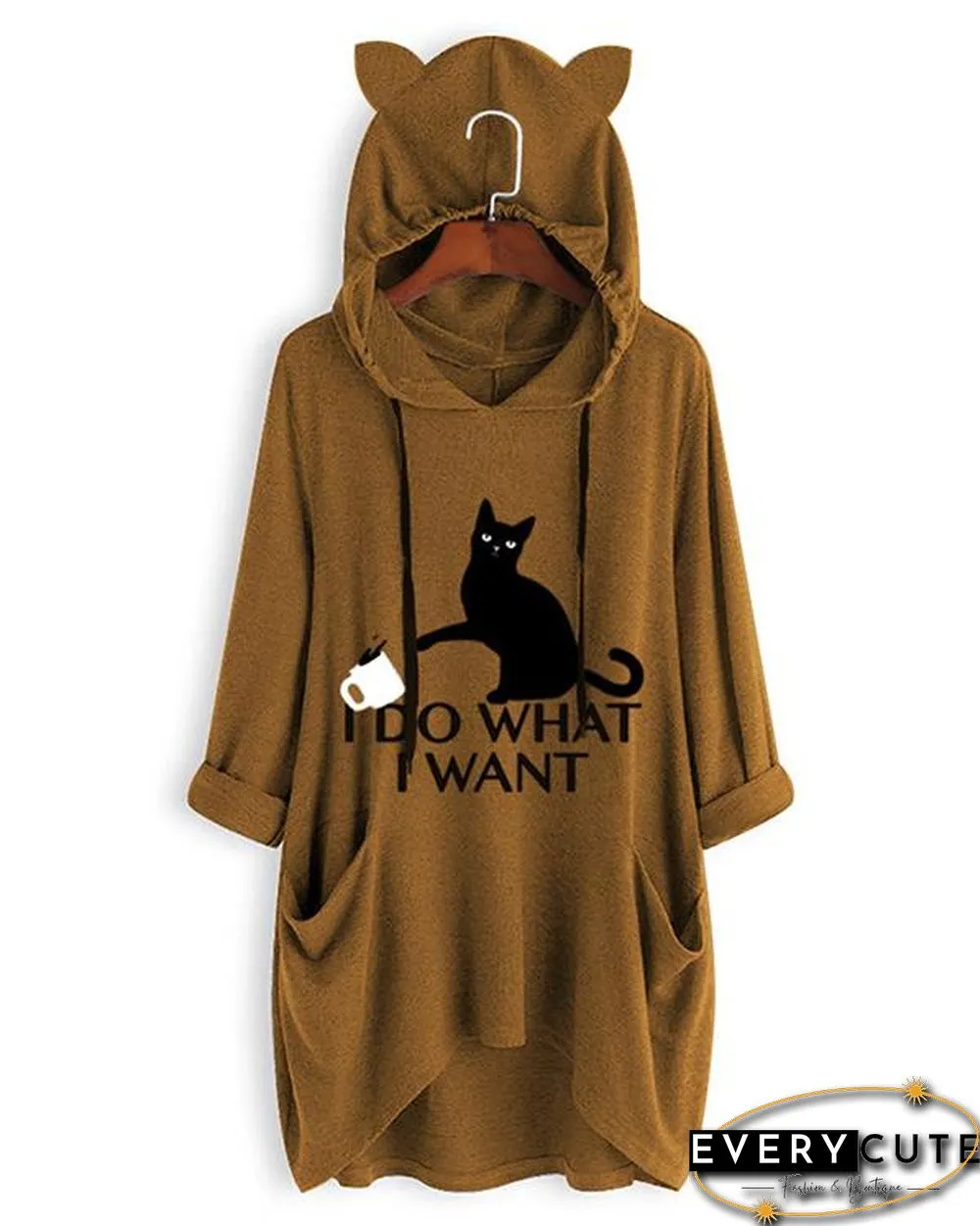 I DO WHAT I WANT Cute Cat Print Irregualr 3/4 Sleeve Plus Size Hoodie
