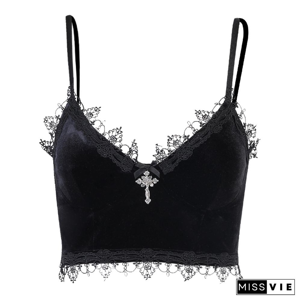 Goth Cross Print Lace Bodycon Crop Tops Camis Sexy Y2K Aesthetic Black Red Basic Corset Tank Top Summer Clothes For Women Girls