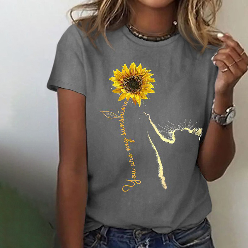 Sunflower And Cat Print Casual T-Shirt