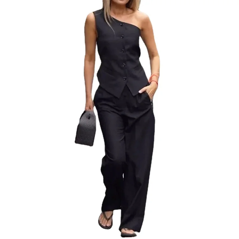Toloer Toloer 2023 New Fashion Inclined Shoulder Sleeveless High Waist Straight Pants Casual Suit-Outfit Ideas