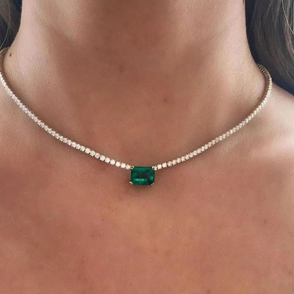 Green Crystal Pendant Necklace Choker Simple Jewelry-VESSFUL