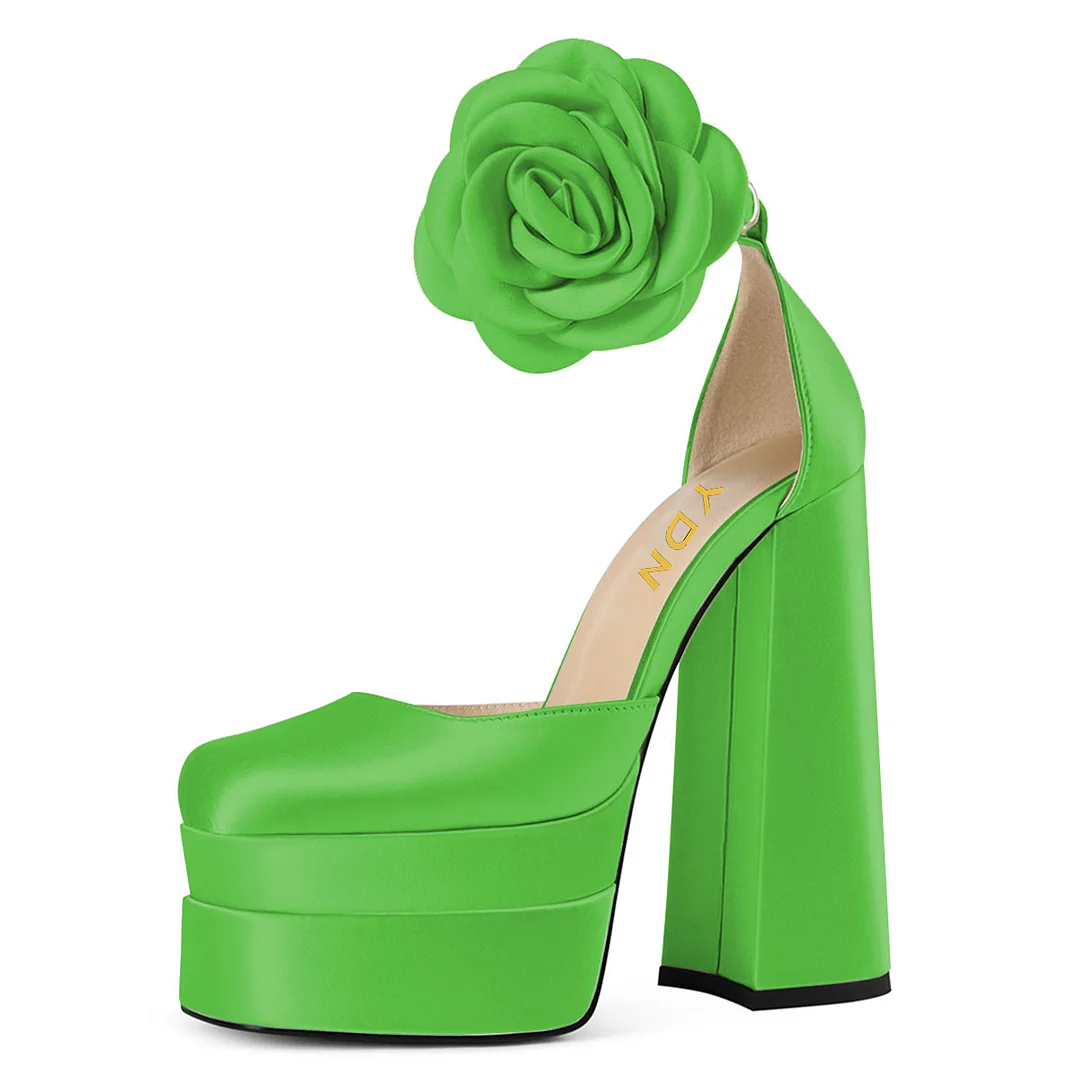 Green Satin Ankle Strap Square Toe Platform Heels with Flower