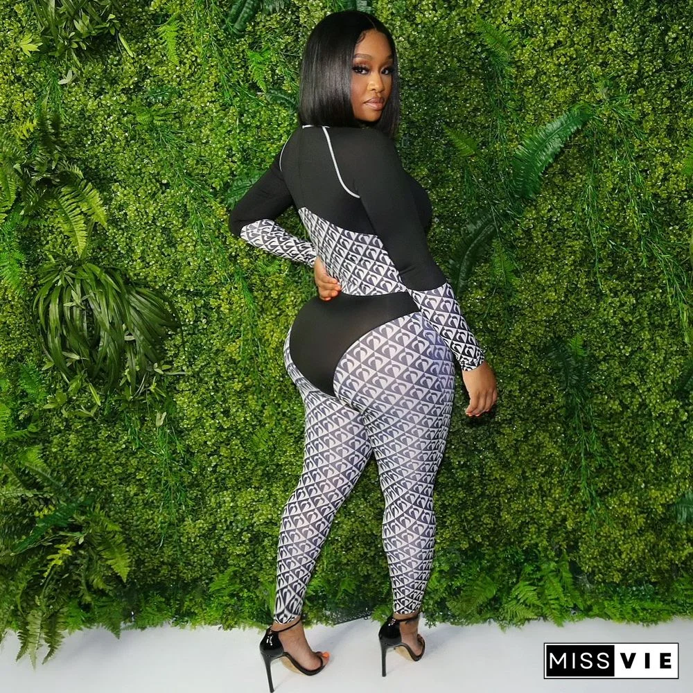 Patchwork Print O Neck Long Sleeve Bodycon Jumpsuit