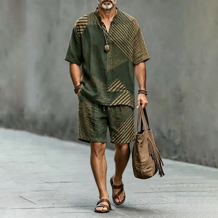 Men's Retro Geometric Art Print Short Sleeve Shirt And Shorts Two Piece Set
