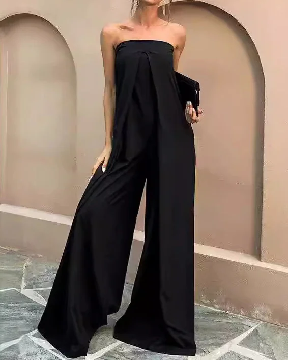 One-shoulder Solid Color Wide-leg Jumpsuit