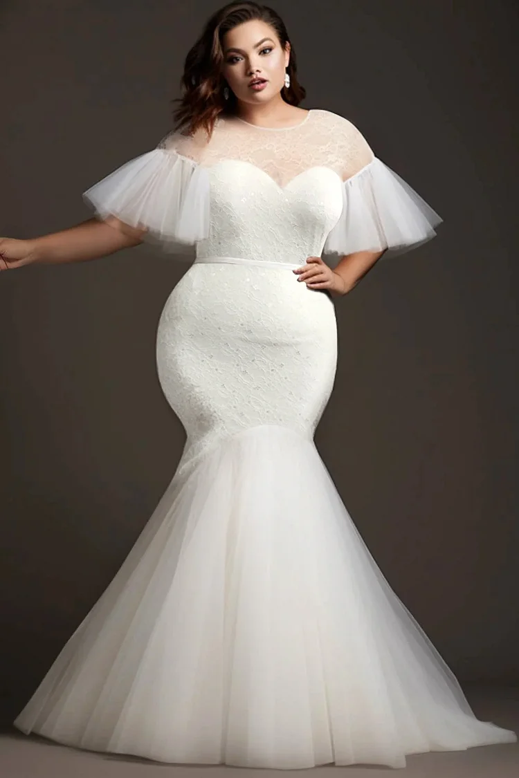 Xpluswear Design Plus Size Wedding White Round Neck Flare Half Sleeve See Through Mermaid Lace Maxi Dresses