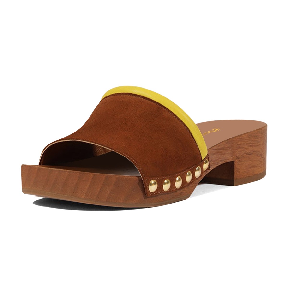 Brown Open-Toe Studded Chunky Heel Vegan Suede Platform Mules Nicepairs