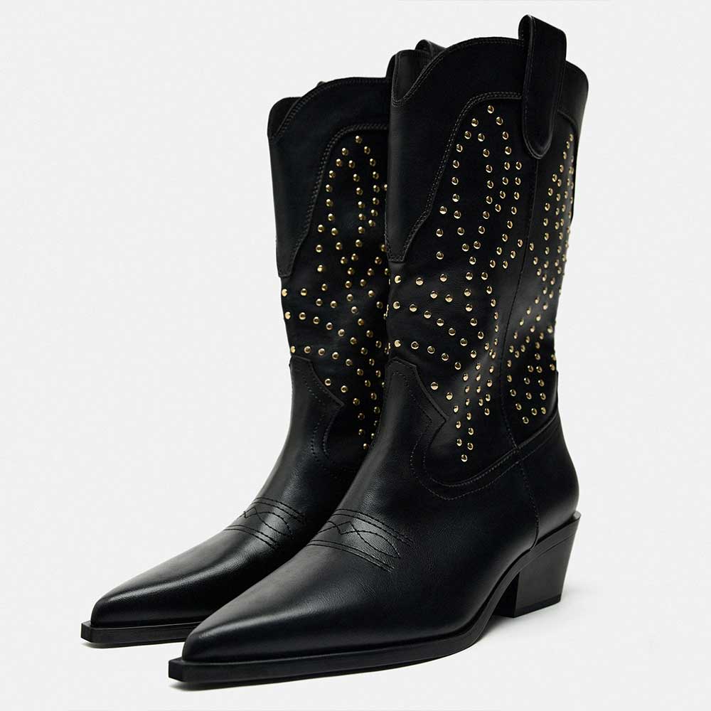 Black Snip Toe Chunky Heel Metallic Studded Mid Calf Cowgirl Boots Nicepairs