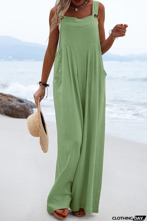 Solid Button Sling Wide-Leg Jumpsuit