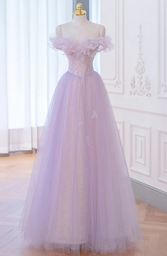 light purple off the shoulder dresses wedding guest, long purple prom dresses