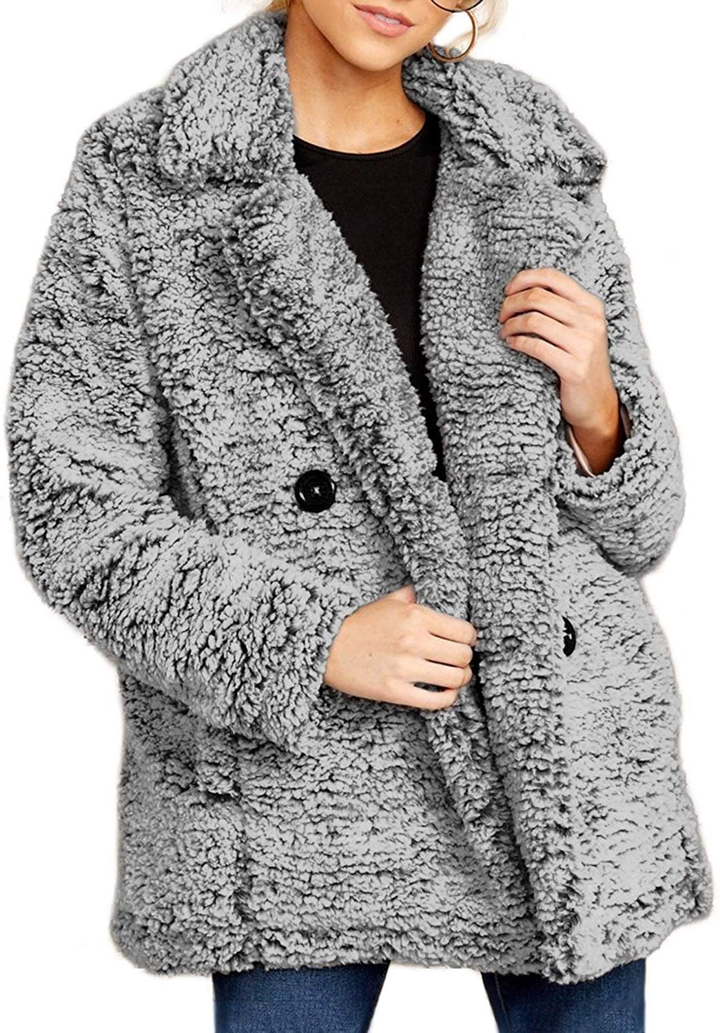 Womens Fleece Open Front Coat with Pockets Outerwear Cozy Fleece Jacket