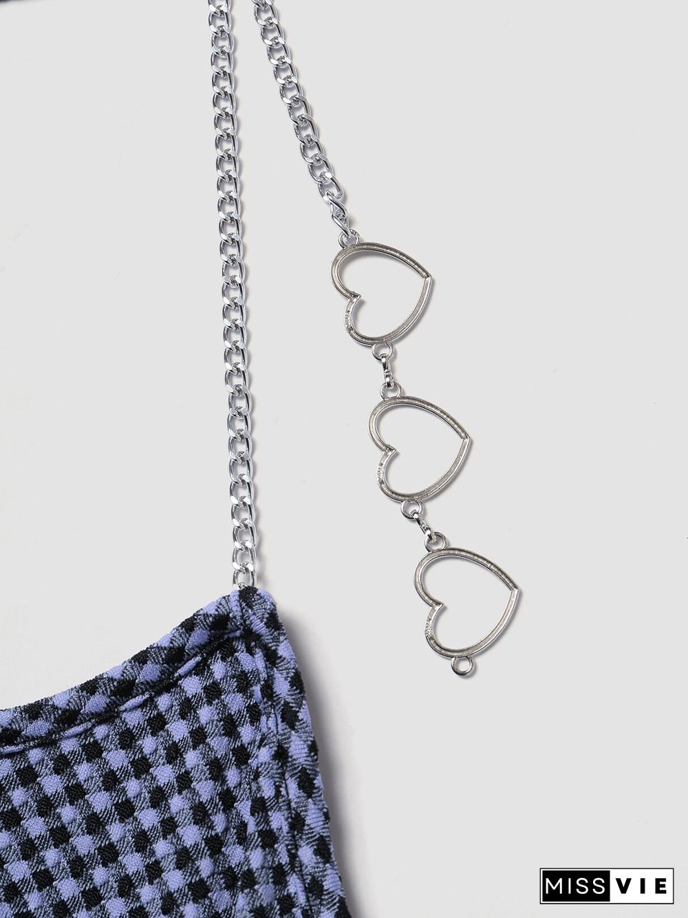 Check Pattern Chain Halter Open Back Drawstring Tank Top