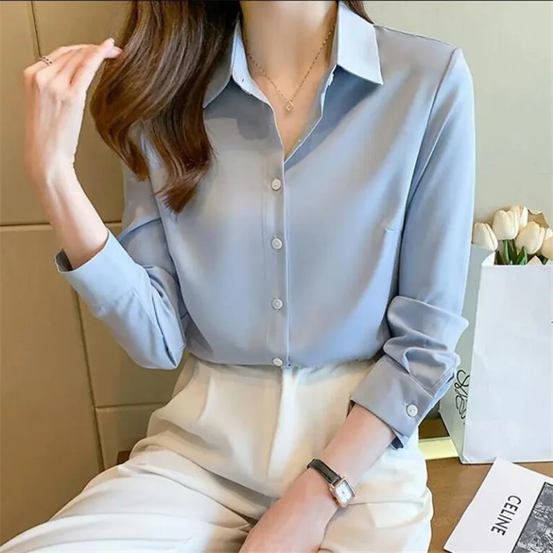 Fashion Satin Shirts Women Long Sleeve Shirts Woman Silk Blouse Tops Casual Professional Female Solid Basic Shirts O. L Blousess
