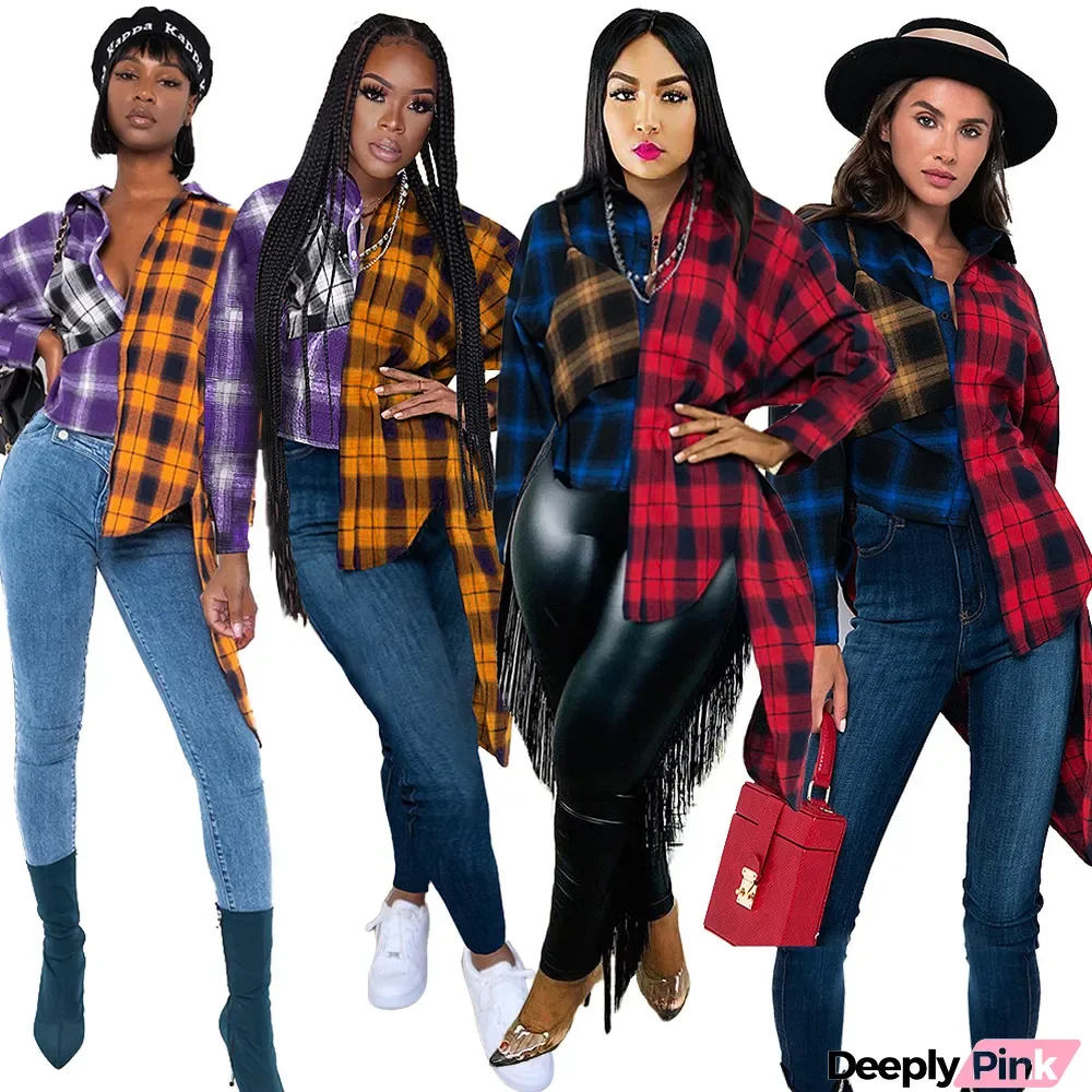 Fashion Patchwork Collared Irregular Check Shirt Top